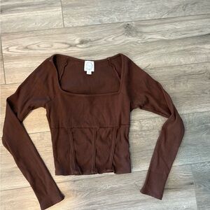 Brown Ribbed Long Sleeve Top